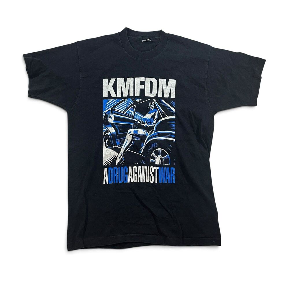 True VTG KMFDM A Drug Against War Tee 90s Industrial Band USA L SINGLE-Stitch
